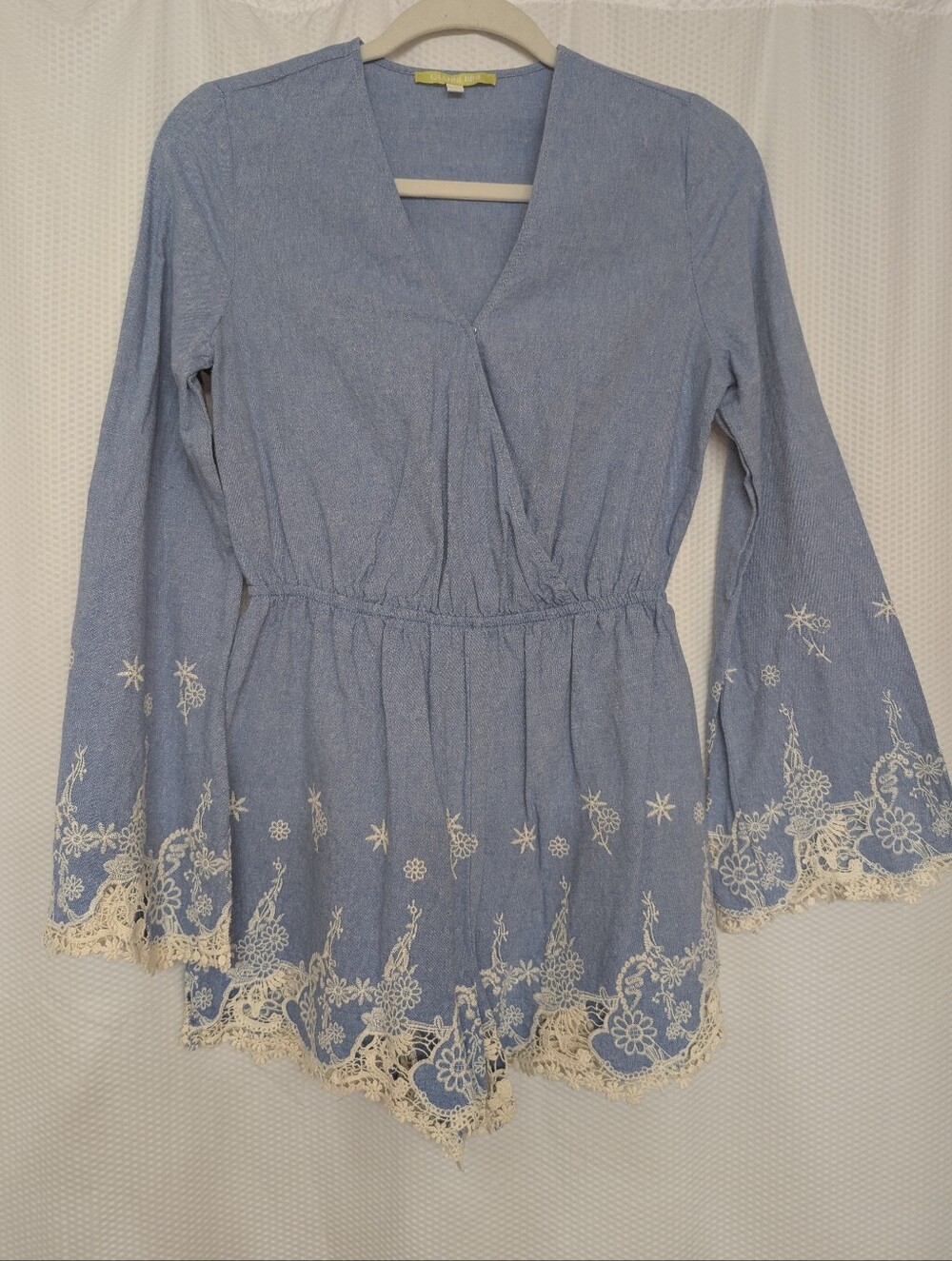 Gianni Bini Sky Blue Romper with Cream Lace Embroidery